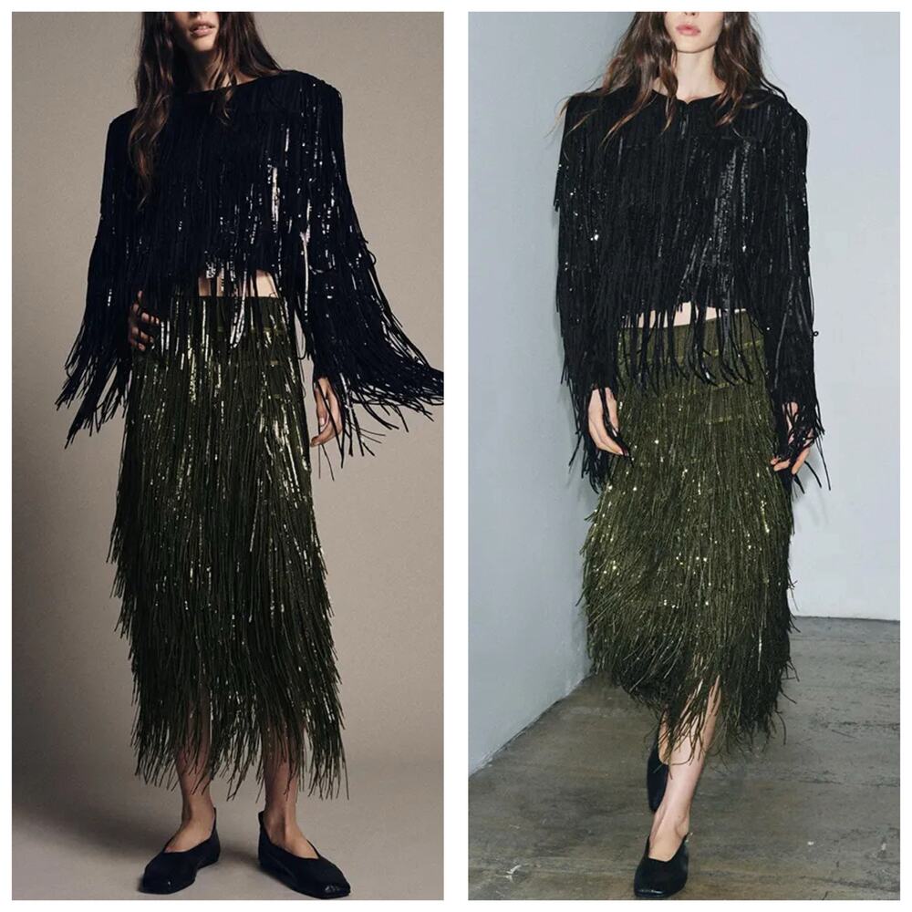 Zara Fringed Sequin Green Tassel Midi Skirt 9125/101 Size Large Party Cocktail - Picture 2 of 12